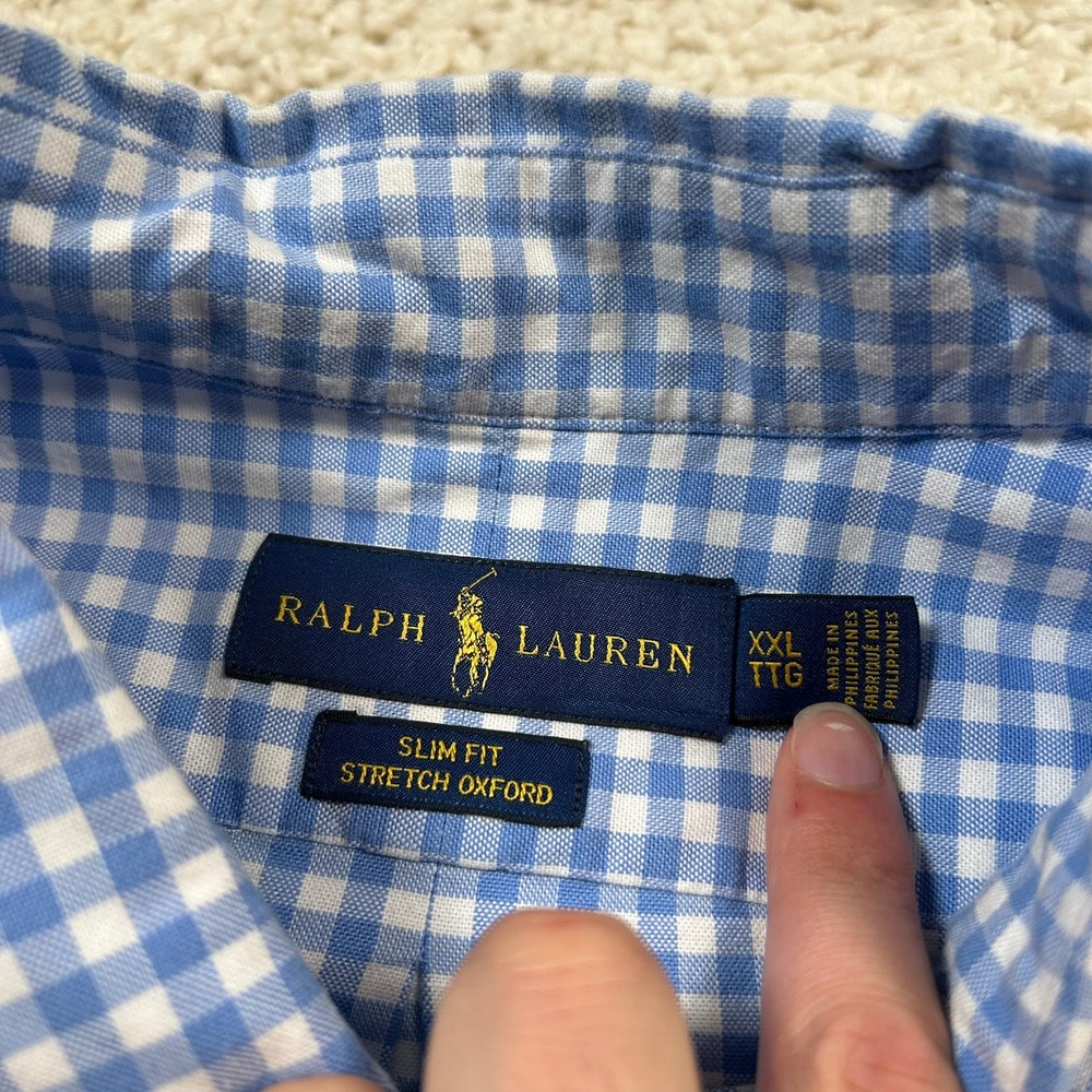 Ralph Lauren Button Down Shirt XXL Blue Gingham Slim Fit Stretch Oxford - Picture 6 of 8